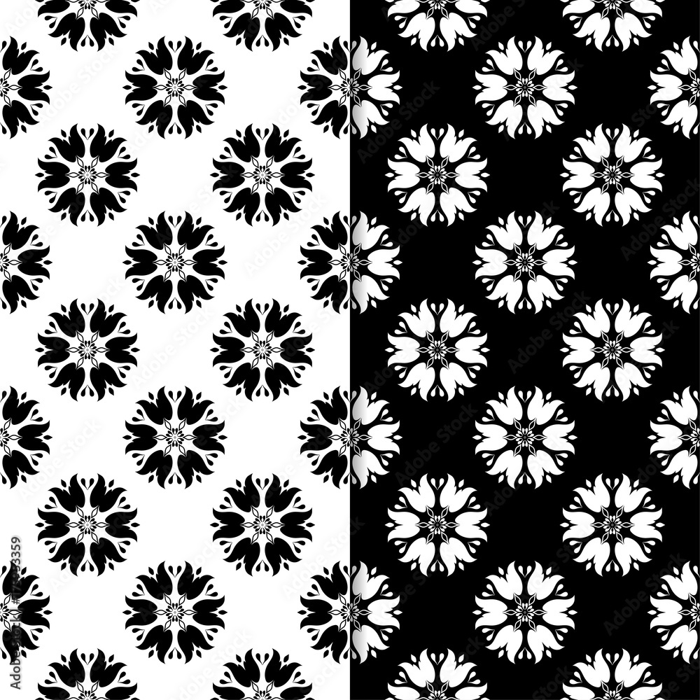 Black and white floral seamless patterns. Set of backgrounds Black and white floral seamless patterns. Set of backgrounds