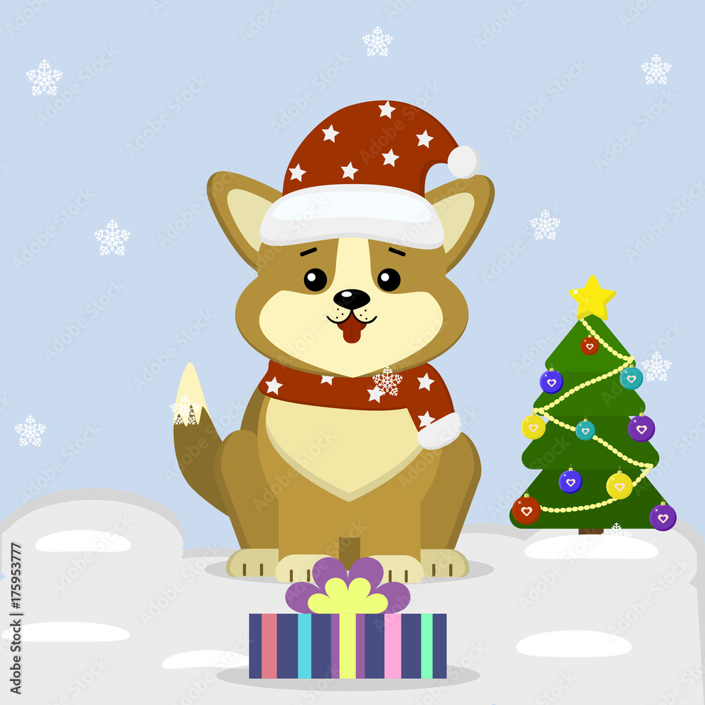 Postcard with a cute dog corgi in a santa hat and scarf, sits next to a Christmas tree and a gift box. Postcard with a cute dog corgi in a santa hat and scarf, sits next to a Christmas tree and a gift box.