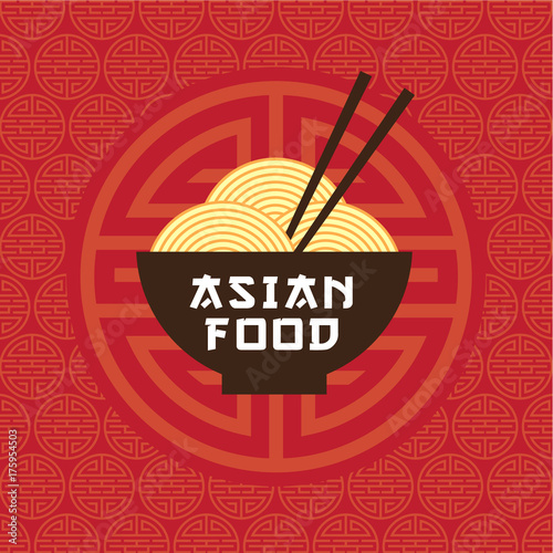 Asian food emblem. Oriental cuisine logo. A bowl with noodles and chopsticks.