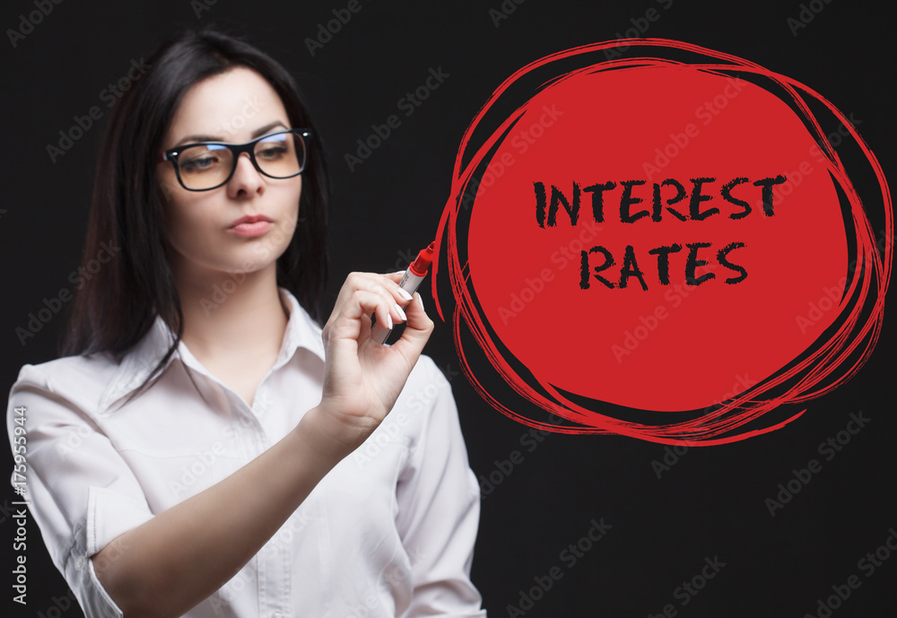 The concept of marketing, technology, the Internet and the network. A young businessman shows what is important for business: Interest rates The concept of marketing, technology, the Internet and the network. A young businessman shows what is important for business: Interest rates