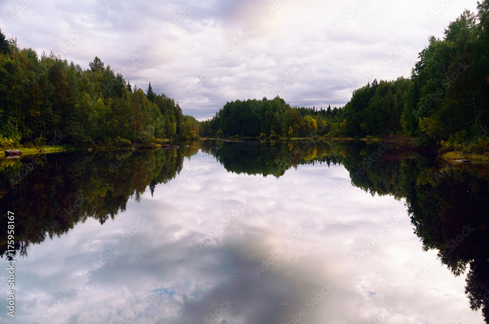 Late Summer Northern Forest in the Evening, Reflected in Water. Basin of the Vyg River, Karelia, Russia.