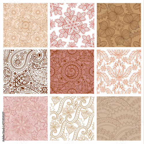 Mehendy abstract geometric flowers ornament background vector textures seamless pattern