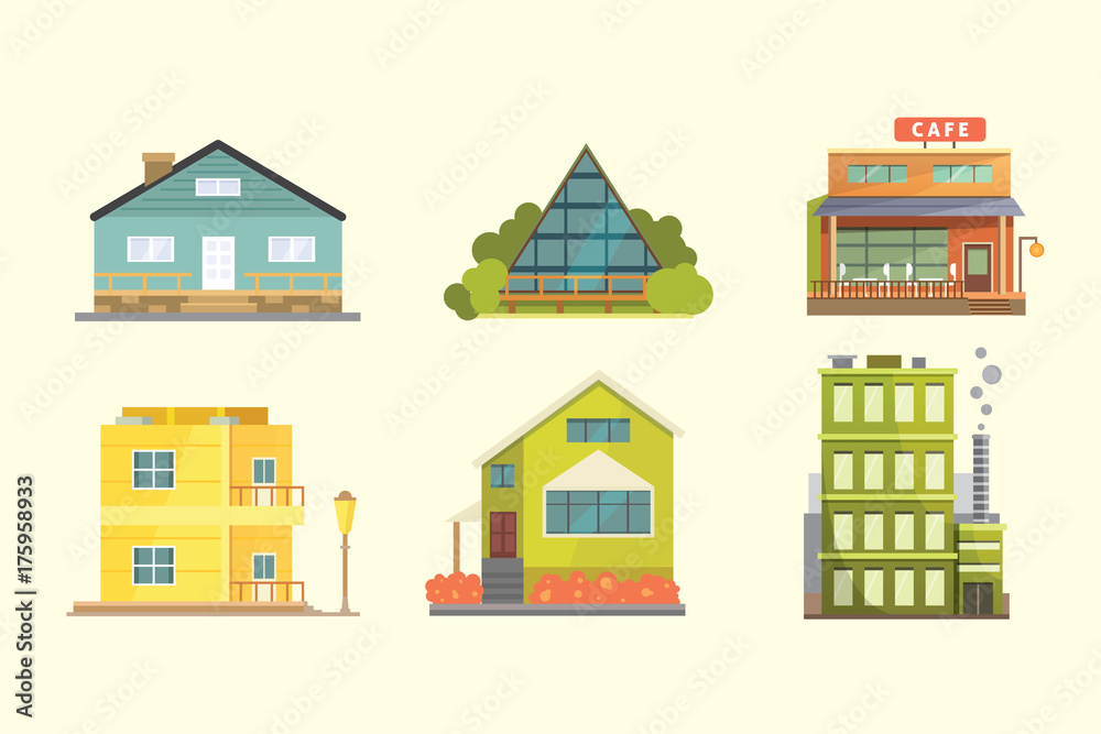 Set of different styles residential houses. City architecture retro and modern buildings. House front cartoon vector illustrations