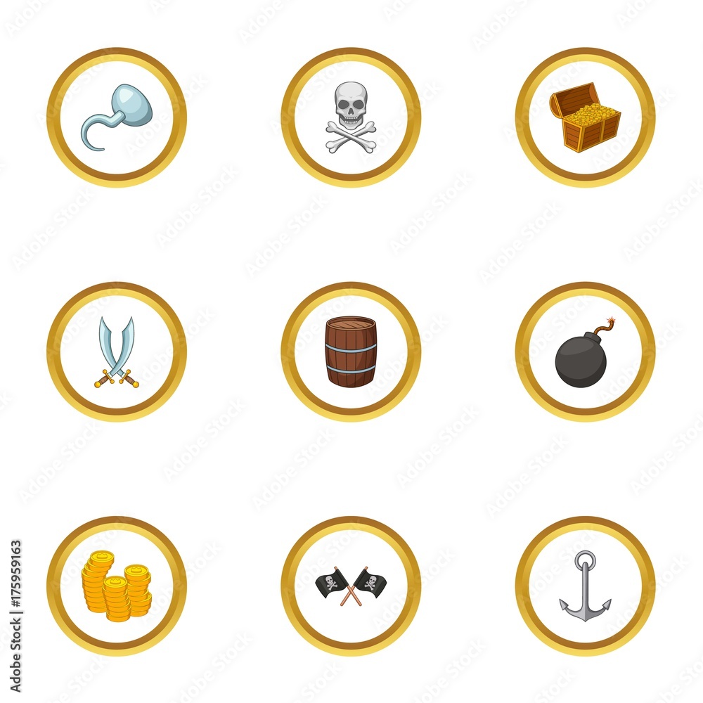 Pirate icons set, cartoon style Pirate icons set, cartoon style