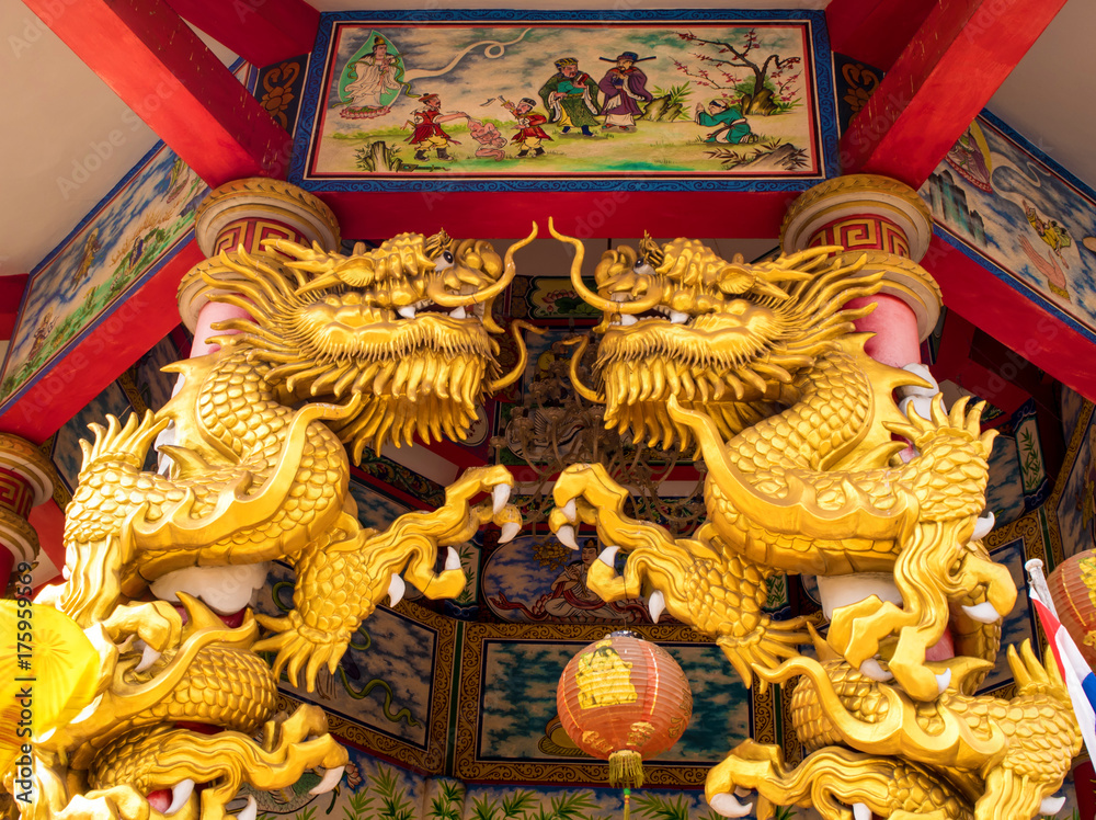 Gold dragon statues in Chinese religious venues