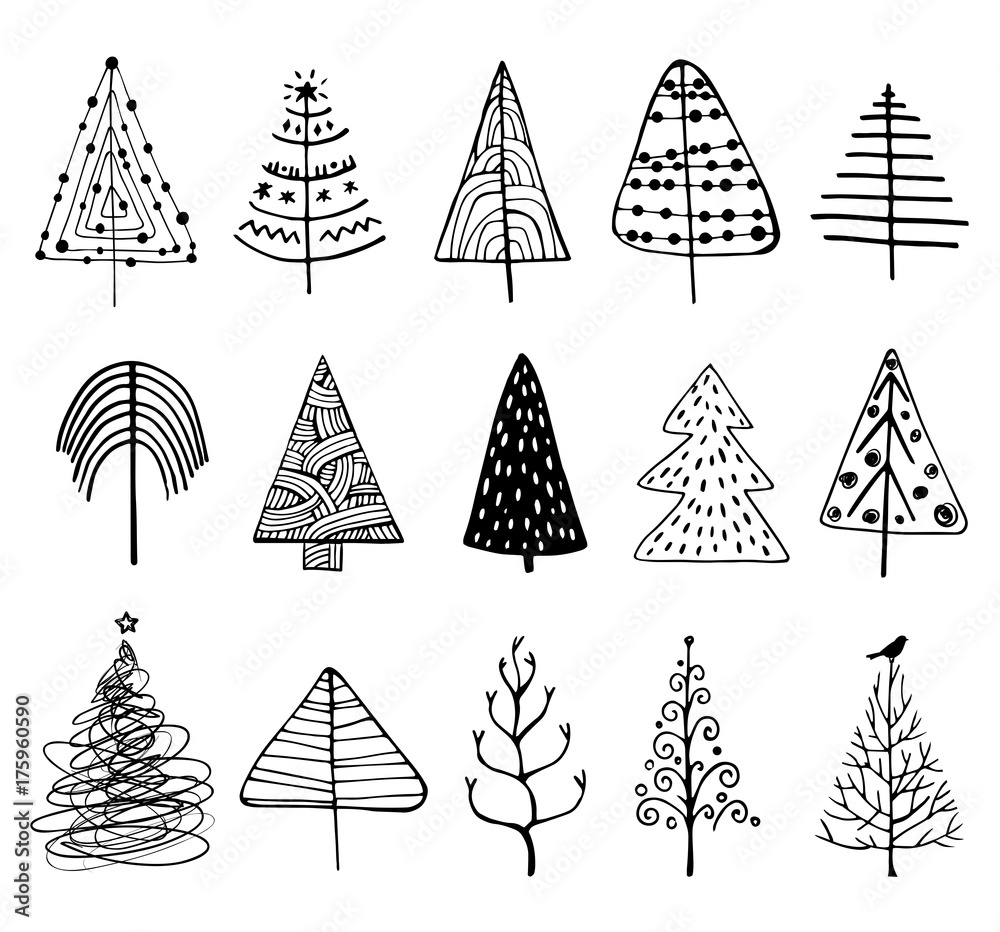 Set of Doodle Christmas Trees.