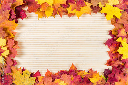 Autumn leaves on a wooden background. Frame for inscription.