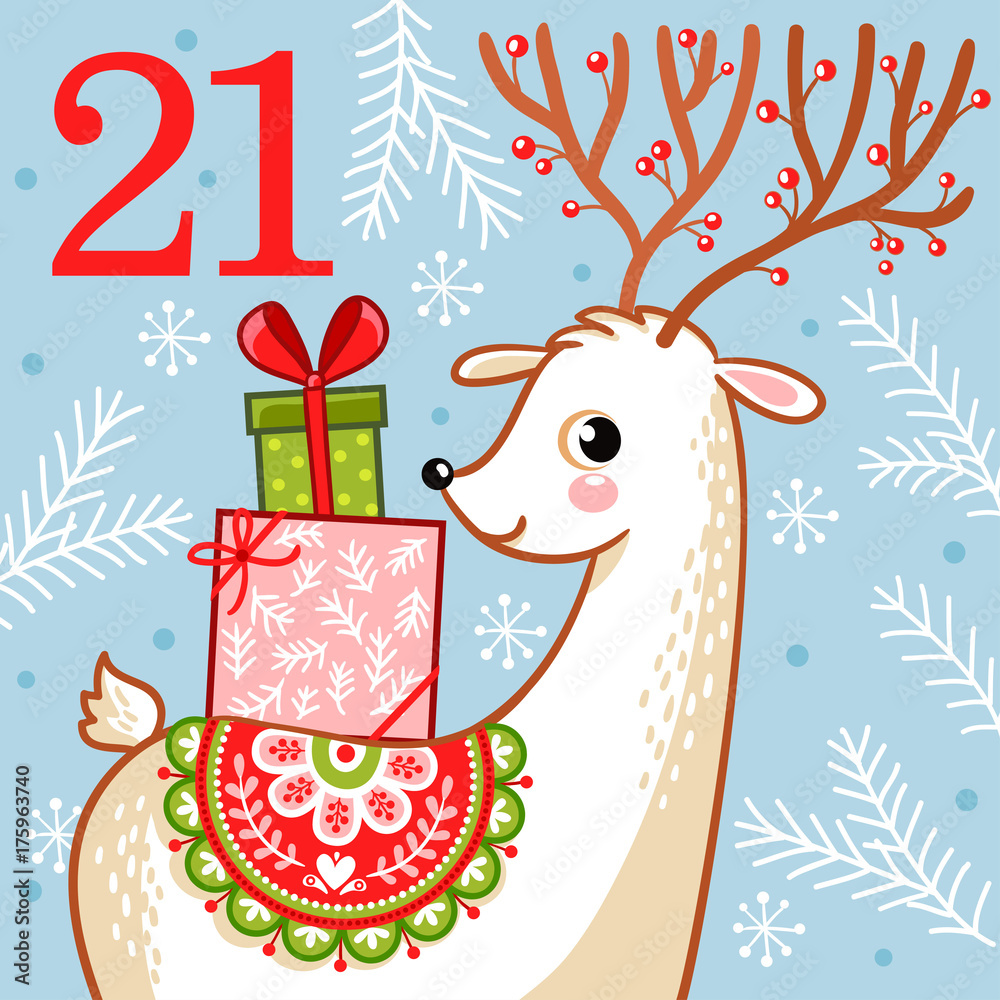 Naklejka premium Vector christmas advent calendar in childrens style. Cute deer with Christmas gifts on his back. Illustration with an animal.