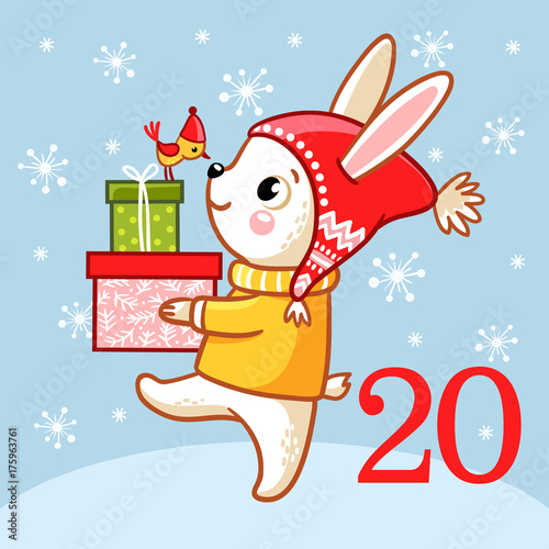 Vector christmas advent calendar in childrens style. Cute rabbit standing in the snow and holding box with Christmas gifts. Illustration with animal.