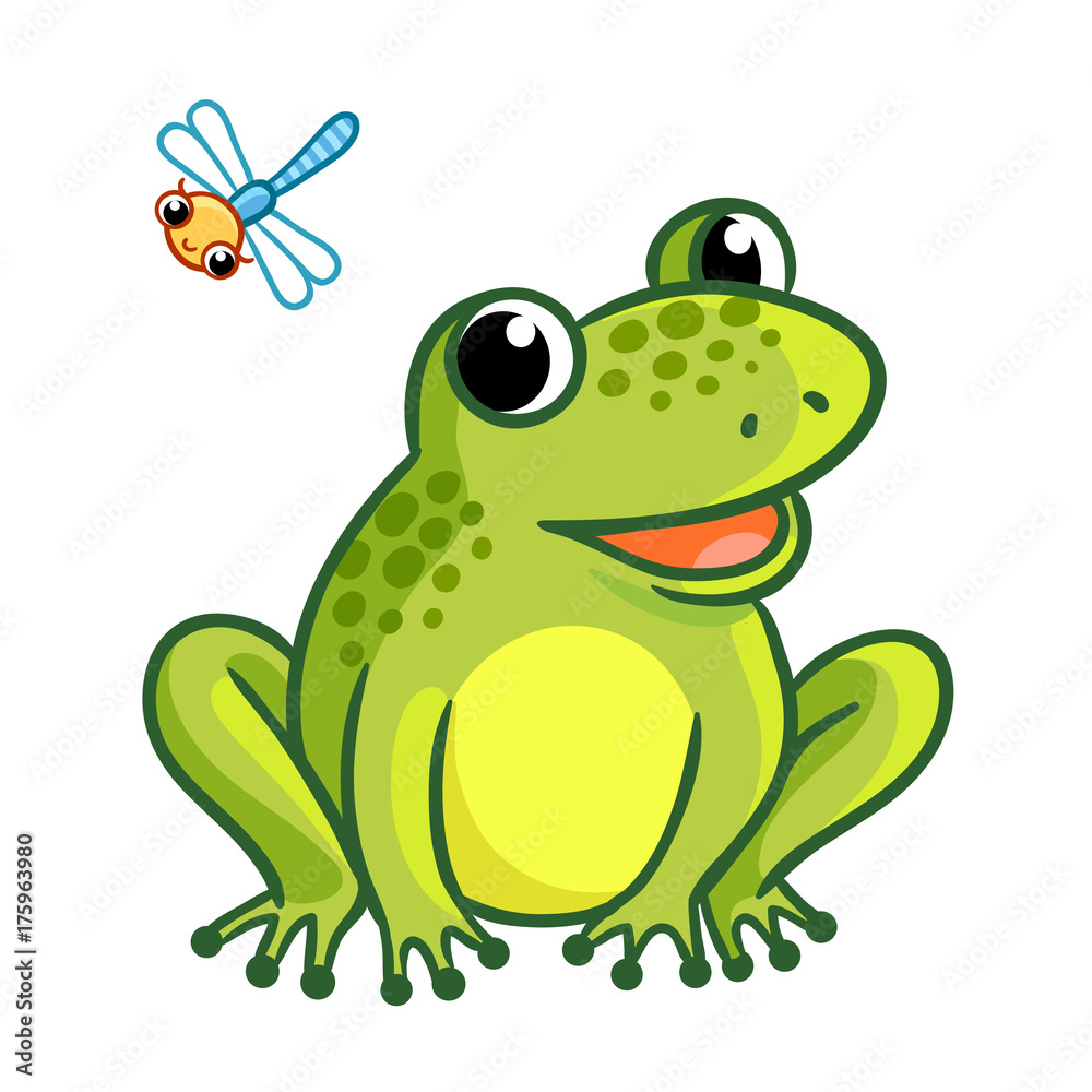 Naklejka premium Żaba siedzi na białym tle. Śliczna ilustracja z ważką i żabą w stylu kreskówki.