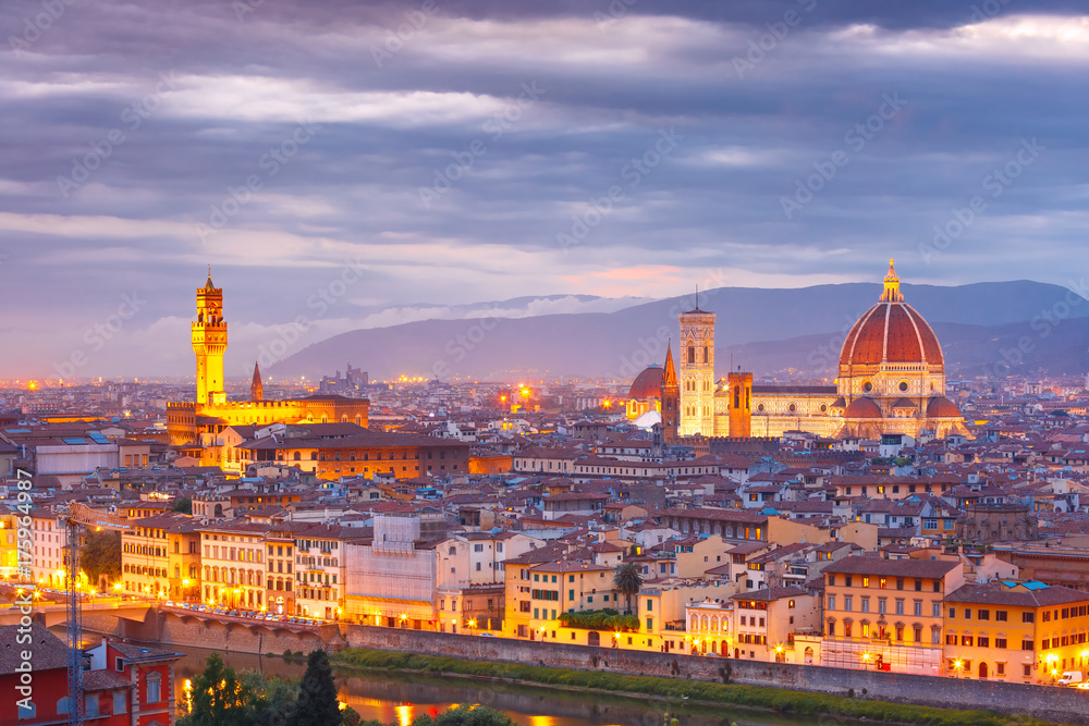 Famous view of Florence at sunset from Piazzale Michelangelo in Florence, Tuscany, Italy