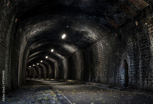 View into a dark old railway tunnel photo