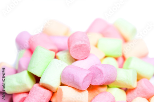 Marshmallow white and pink on isolated on white background. Huge, big marshmallow macro top view image.