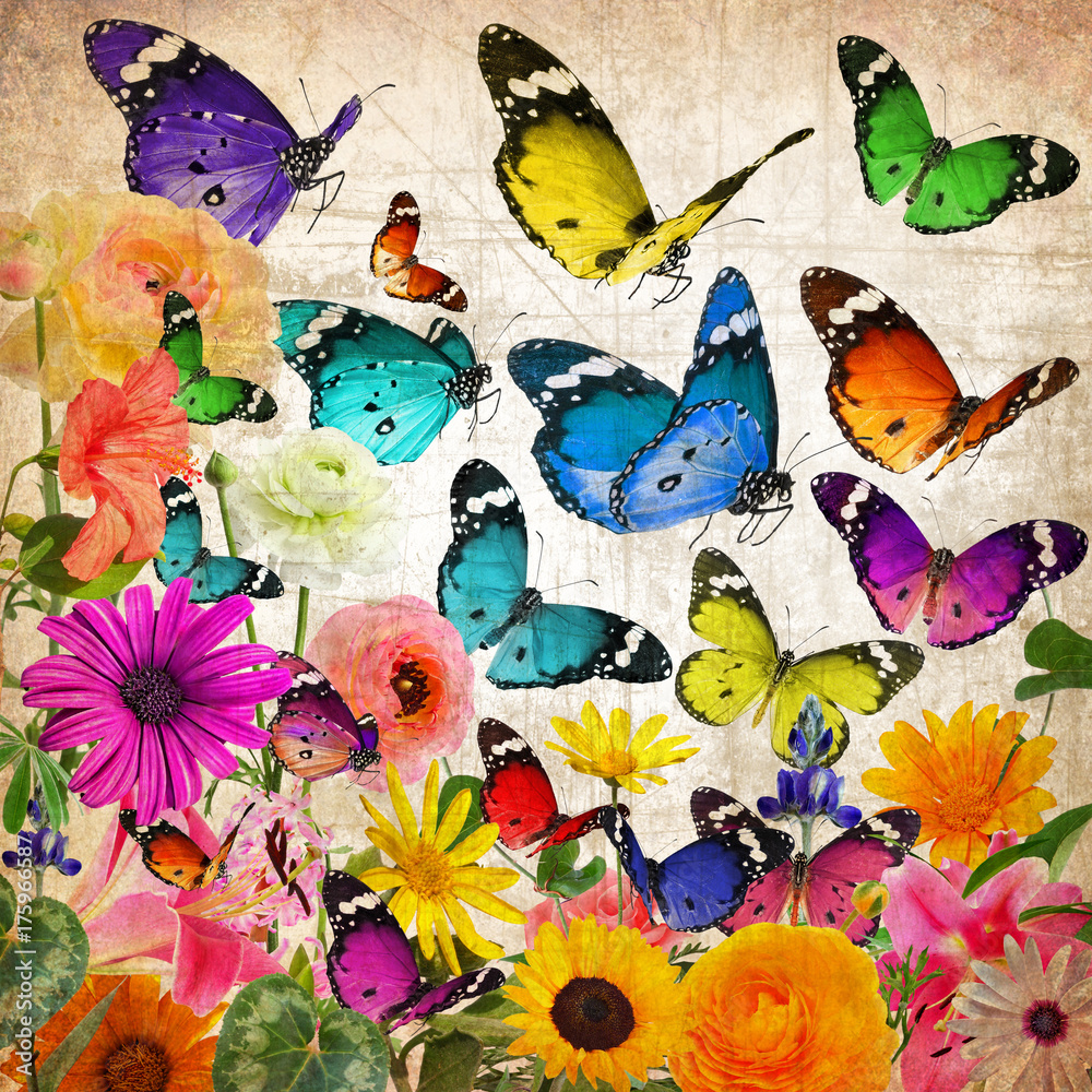 Naklejka premium Colorful beautiful wild flowers and butterflies flying. Plants and Insects. Wildlife diversity