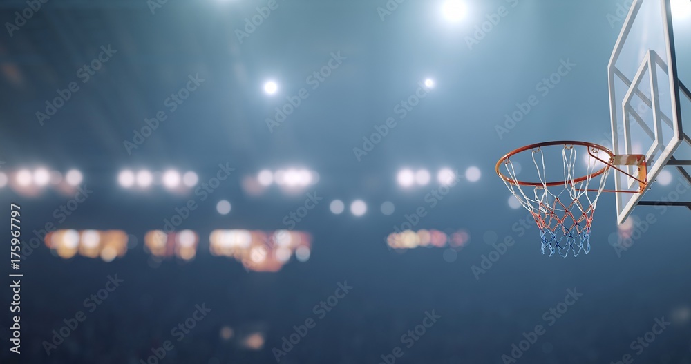 3D rendering of basketball arena with a hoop is empty 3D rendering of basketball arena with a hoop is empty