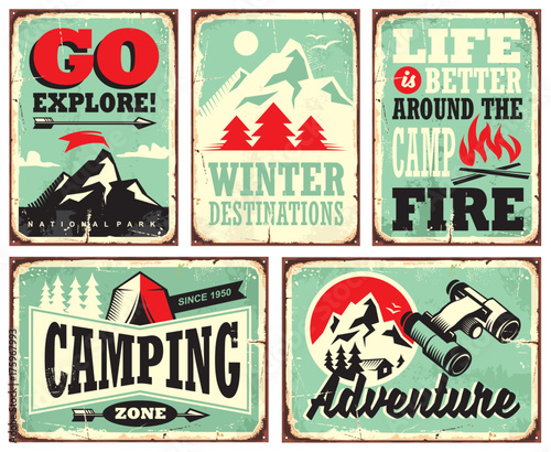 Retro collection of winter vacation signs and posters. Outdoor activities promotional set of posters.