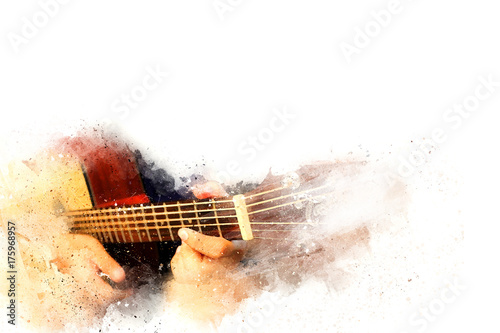 Fototapeta Naklejka Na Ścianę i Meble -  Abstract beautiful playing Guitar in the foreground, Watercolor painting background and Digital illustration brush to art.