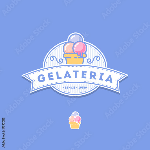 Italian ice cream logo. Blue sign. Emblem with ribbon and ice cream on a blue background.