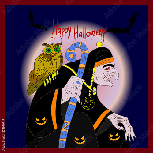 Stock Illustration Halloween Holiday, Witch, Owl and Night, cartoon