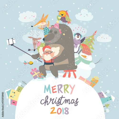 Cute animals with Santa Claus take a selfie