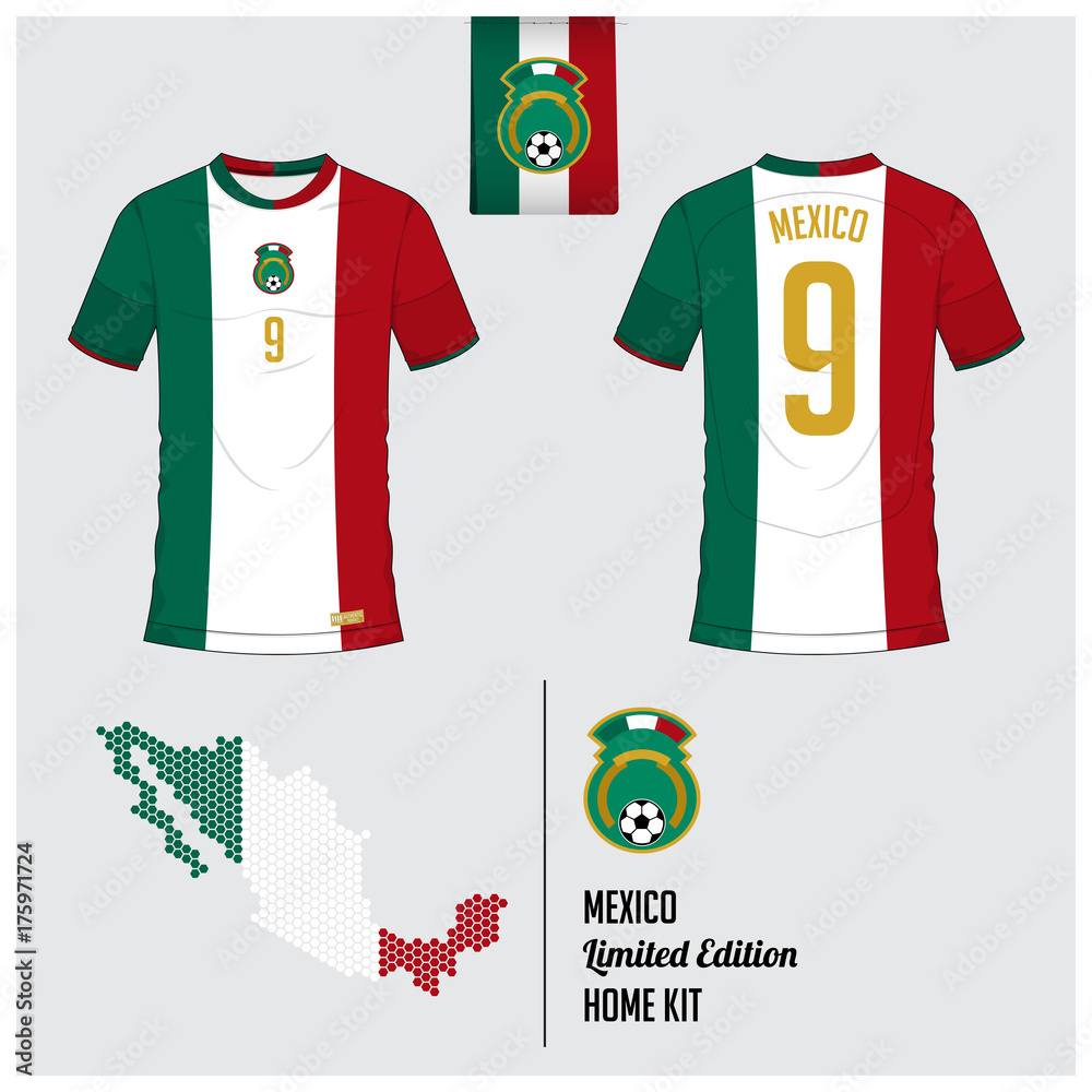 Soccer jersey or football kit, template for Mexico National Football Team.  Front and back view soccer uniform. Flat football logo on Mexico flag label  and map in hexagon pattern. Vector Illustration. Stock