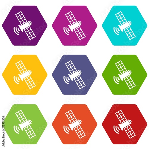 Space satellite icon set color hexahedron