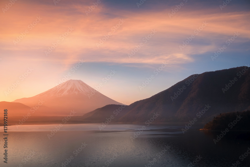 Lake Motosu and Mt.Fuji at early morning in Spring. Lake Motosu is the westernmost of the Fuji Five Lakes and located in southern Yamanashi Prefecture near Mount Fuji, Japan