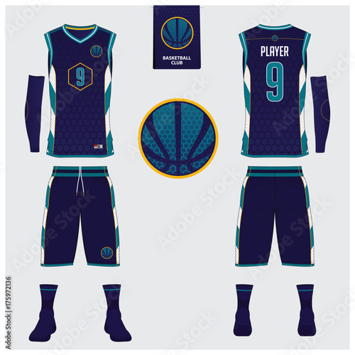 Basketball jersey, shorts, socks template for basketball club. Front and back view sport uniform. Tank top t-shirt mock up with basketball flat logo design on label. Vector Illustration.
