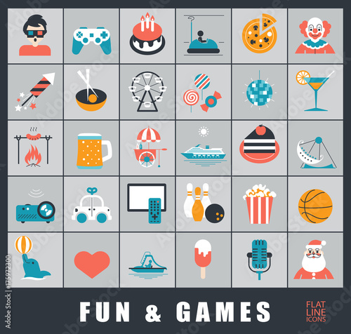 Set of premium quality fun and games icons.
Collection of vector icons for games, fun, leisure, sport, hobby, free time. 
