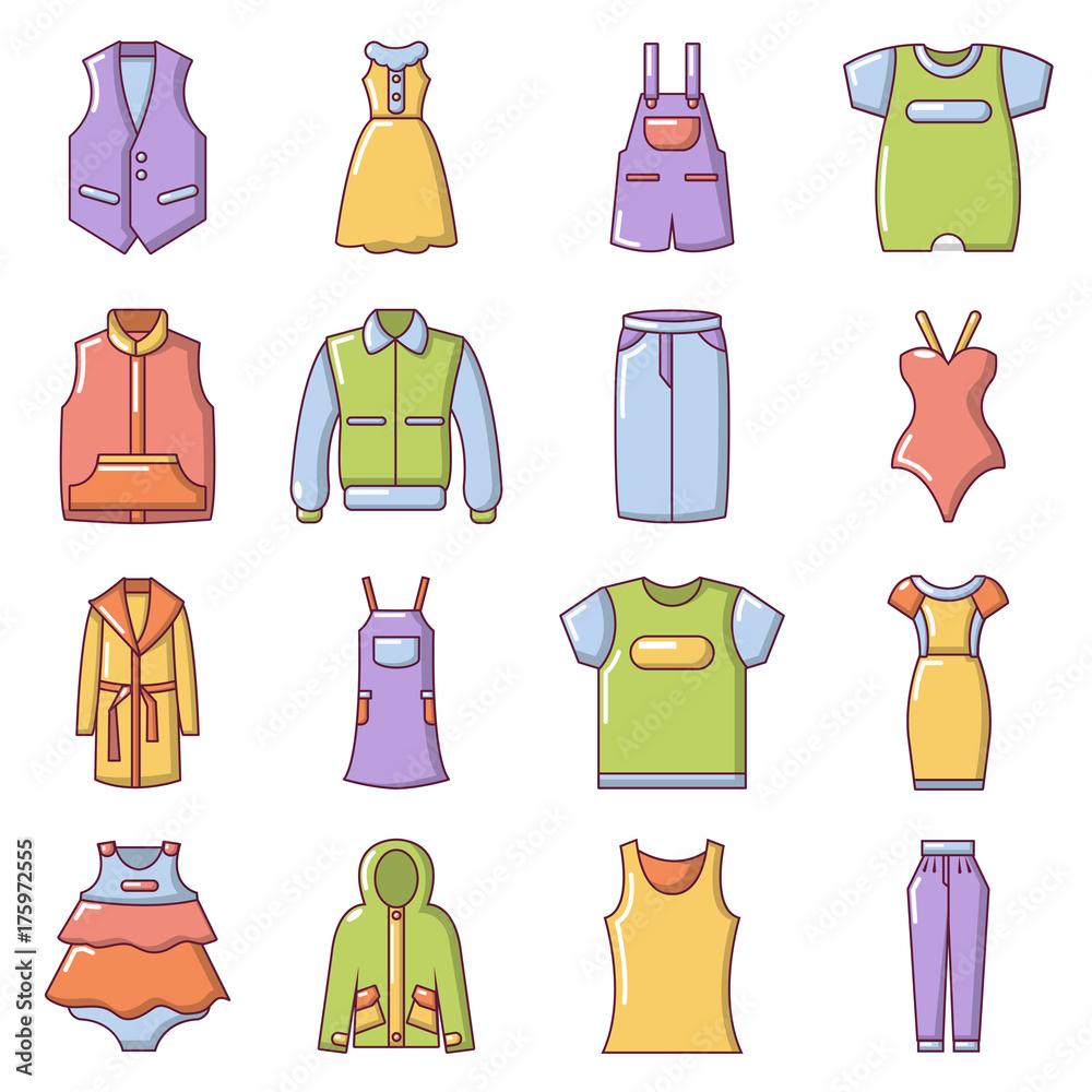 Fashion clothes wear icons set, cartoon style Fashion clothes wear icons set, cartoon style