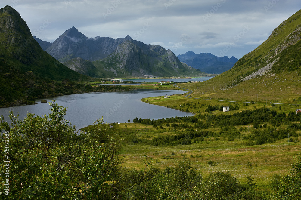 Fototapeta premium Valley with gulf and mountains, Lofotens, Norway