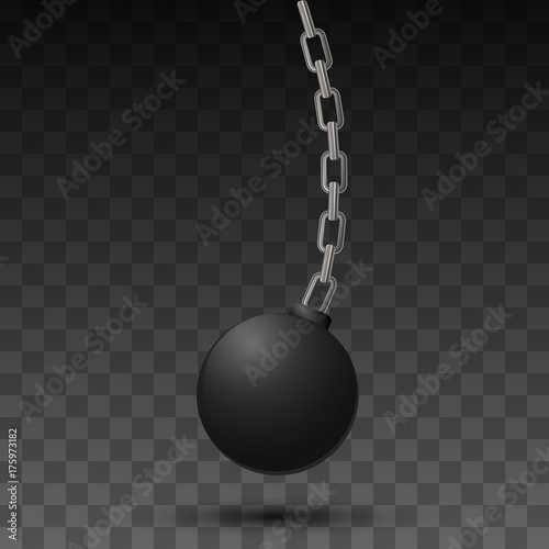 Wrecking ball. Demolition sphere hanging on chains. Vector illustration on dark transparency background