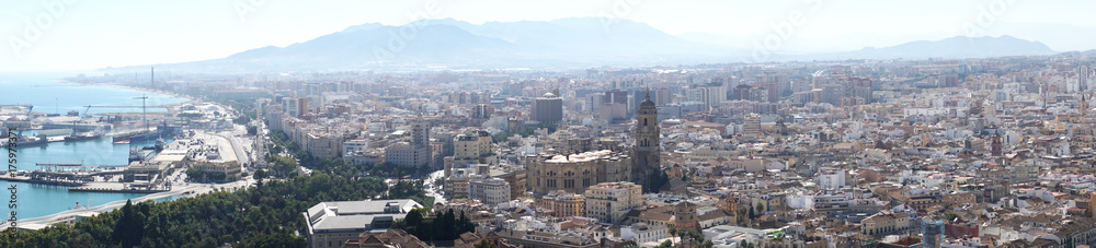 Panorama view from the Gibralfaro castle in Malaga , Andalusia, Spain                             