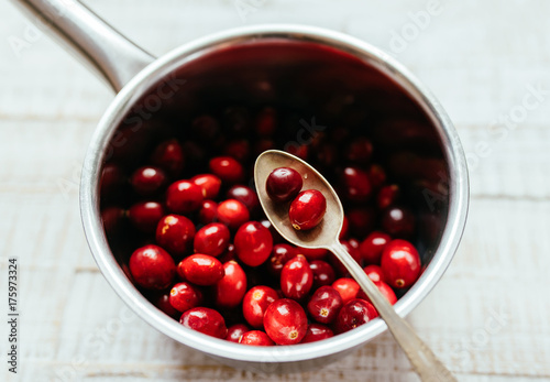 Fresh Ripe Cranberries in a Saucepan ready to be heated