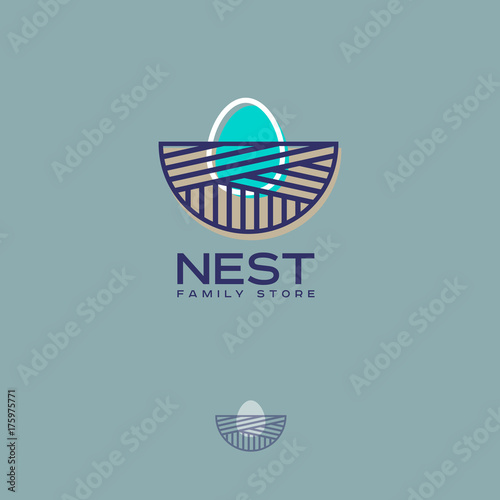 Nest  logo. Family store logo. Nest with an egg on a blue background.