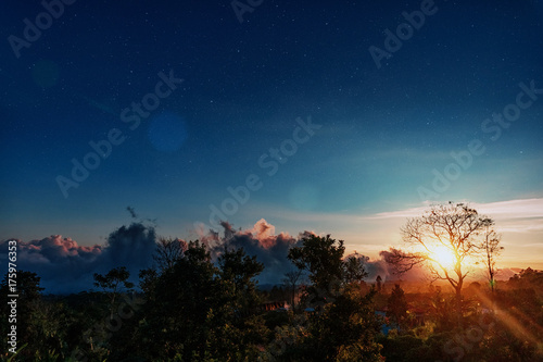 Landscape star and sunrise at the mountain