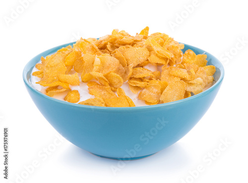 Corn flakes with milk in bowl isolated