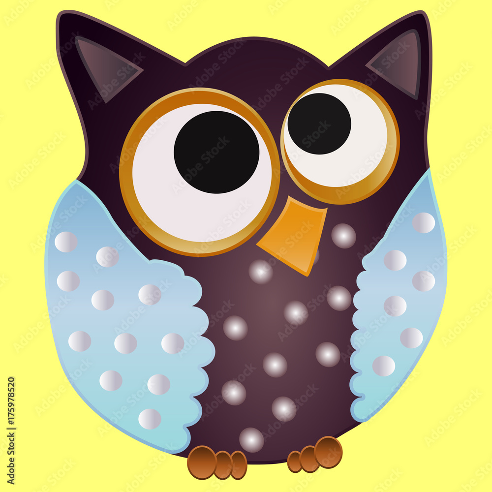 Fototapeta premium Brown owl with blue wings in speckles and centered eyes