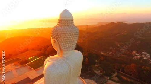 Aerial: Amazing Golden Sunrise at White Big Buddha Statue Temple. HD 1920x1080. Phuket, Thailand. photo