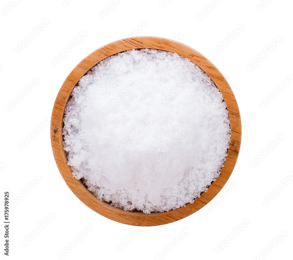 Sea salt in wooden bowl on white background Sea salt in wooden bowl on white background