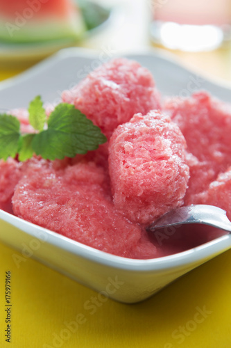 Fresh self made watermelon ice cream with mint macro