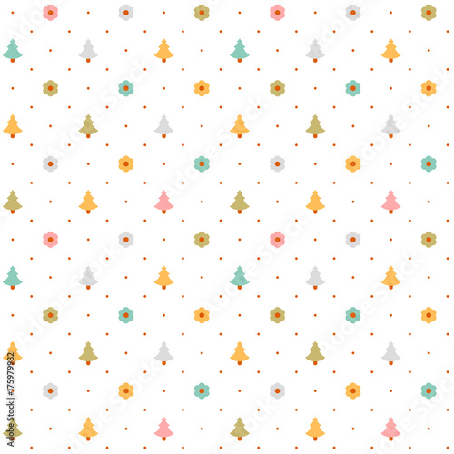 vector seamless white pattern with flowers and trees