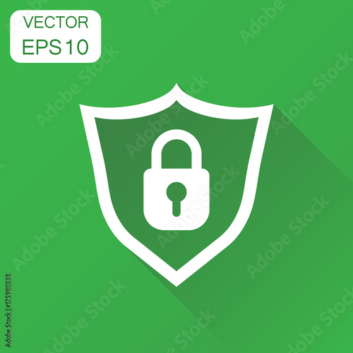 Lock with shield security icon. Business concept padlock pictogram. Vector illustration on green background with long shadow.