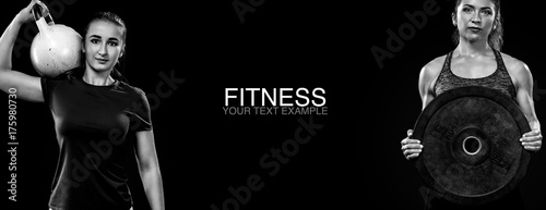 Sporty and fit women with dumbbell exercising at black background to stay fit. Workout and fitness motivation.
