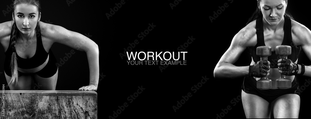 Sporty and fit woman with dumbbell exercising at black background to stay fit. Workout and fitness motivation.