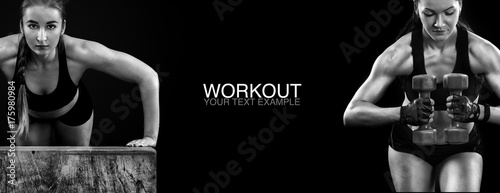 Sporty and fit woman with dumbbell exercising at black background to stay fit. Workout and fitness motivation.