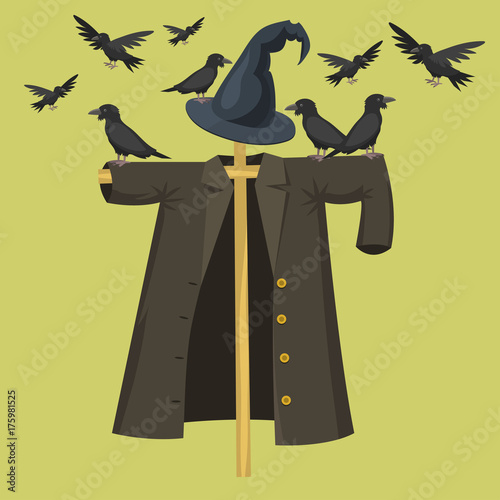 Garden ugly terrible fabric scarecrow fright bugaboo doll human silhouette on stiick character dress from farm rag-doll vector illustration