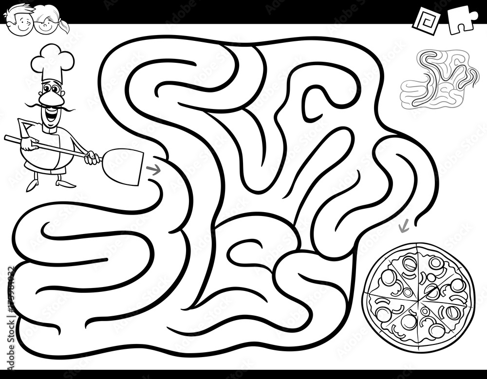 maze game coloring book with chef and pizza Stock Vector | Adobe Stock