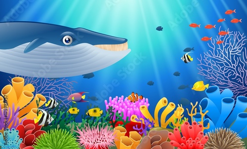 Cartoon whale with Coral Reef Underwater in Ocean. Vector illustration