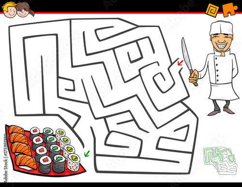 cartoon maze activity with chef and sushi